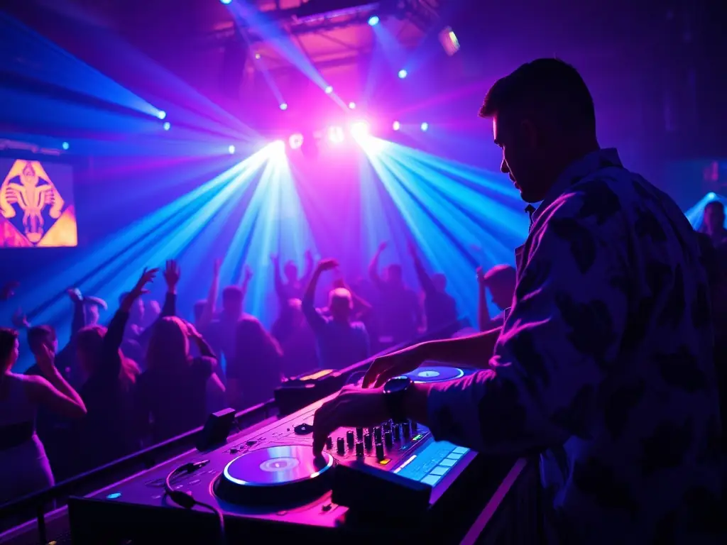 A vibrant image showcasing a DJ mixing music at a party, with colorful lights and a lively crowd in the background, representing DCoxmen's experience as a Party Yacht DJ.